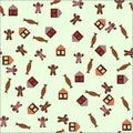 Cute festive pattern with a gingerbread house and different cookies with elements of New Year`s sweets.